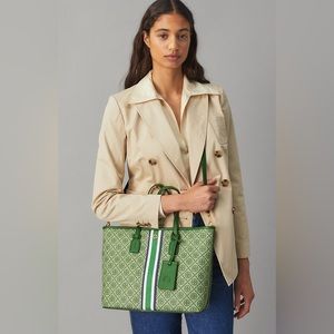 Authentic Tory Burch Small green, monogram, Crossbody tote 9.5Hx14Lx4W